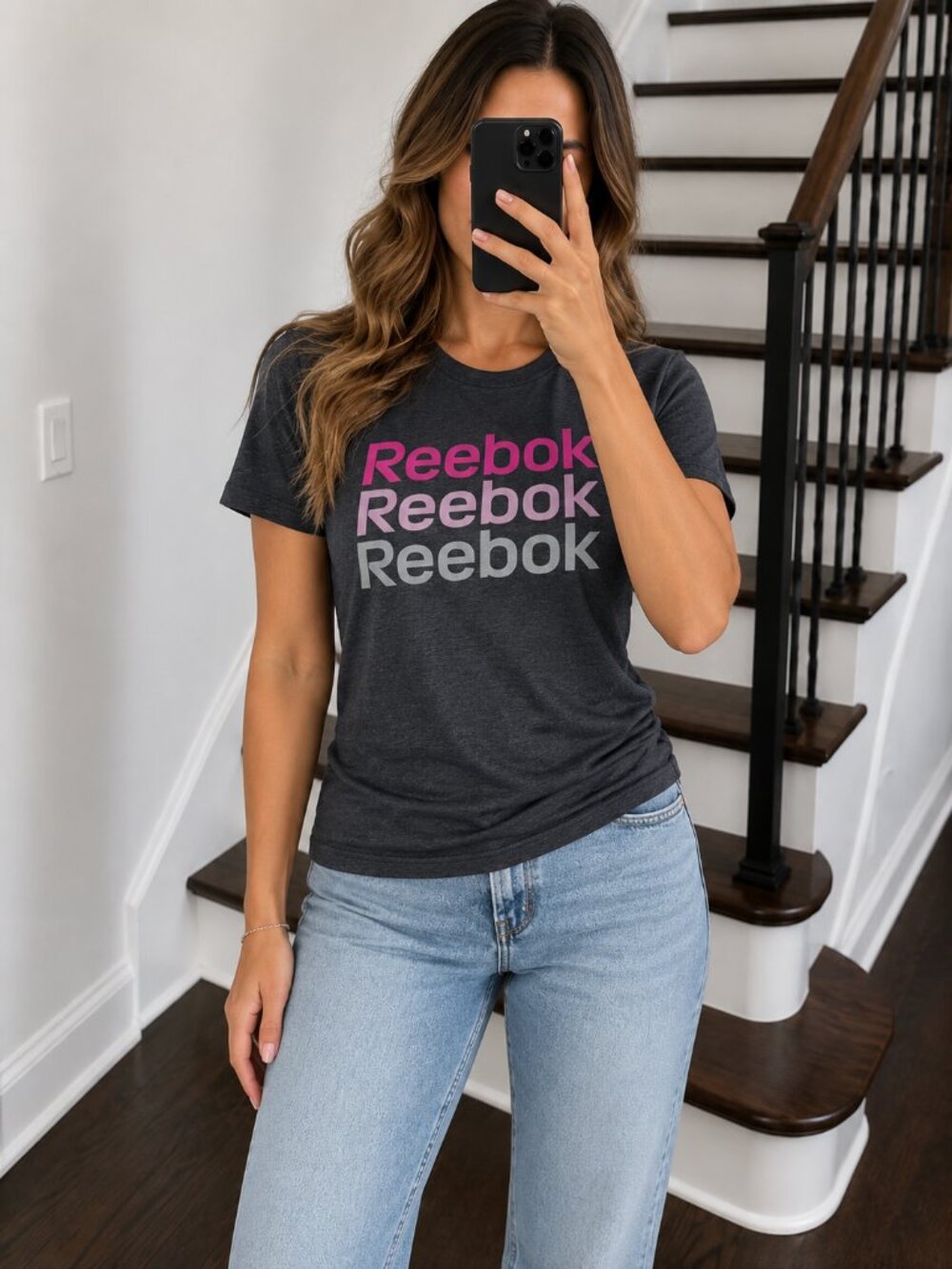Reebok Women’s Graphic Logo T-Shirt Gray Pink Short Sleeve